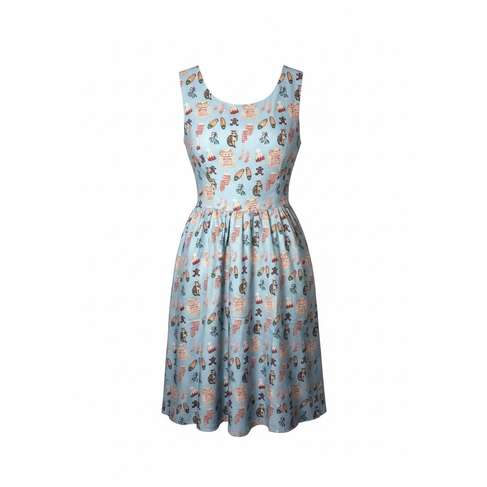 Tulip B Blue Holiday Cat Gingerbread Fit Flare Dress EBJD646 Womens Medium NWT